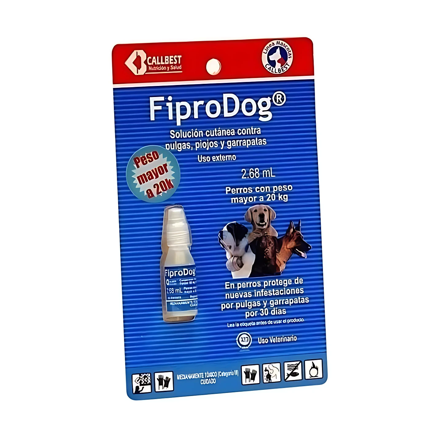 Paquete de FiproDog, solución cutánea de 2,68 mL para perros mayores de 20 kg. Presentación con etiqueta azul, aplicador blanco y pictogramas de uso veterinario.