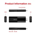 Diagrama técnico del Fire TV Stick TVR3 en color negro, mostrando sus puertos USB-A, HDMI, Micro USB, cable IR y orificios de ventilación.