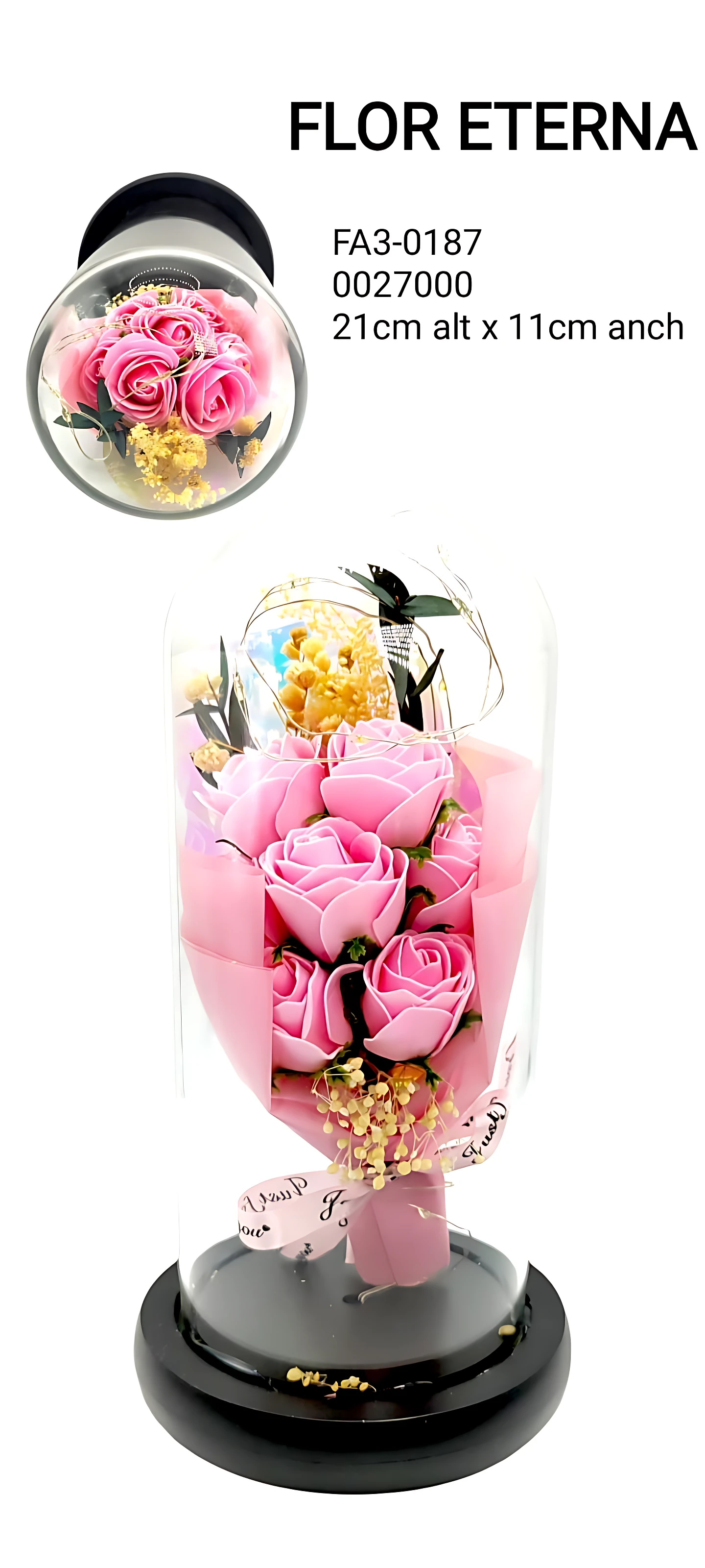 Domo de vidrio con arreglo floral eterno de rosas rosadas, flores amarillas y hojas verdes sobre base negra. Medidas 21 cm de alto por 11 cm de ancho.