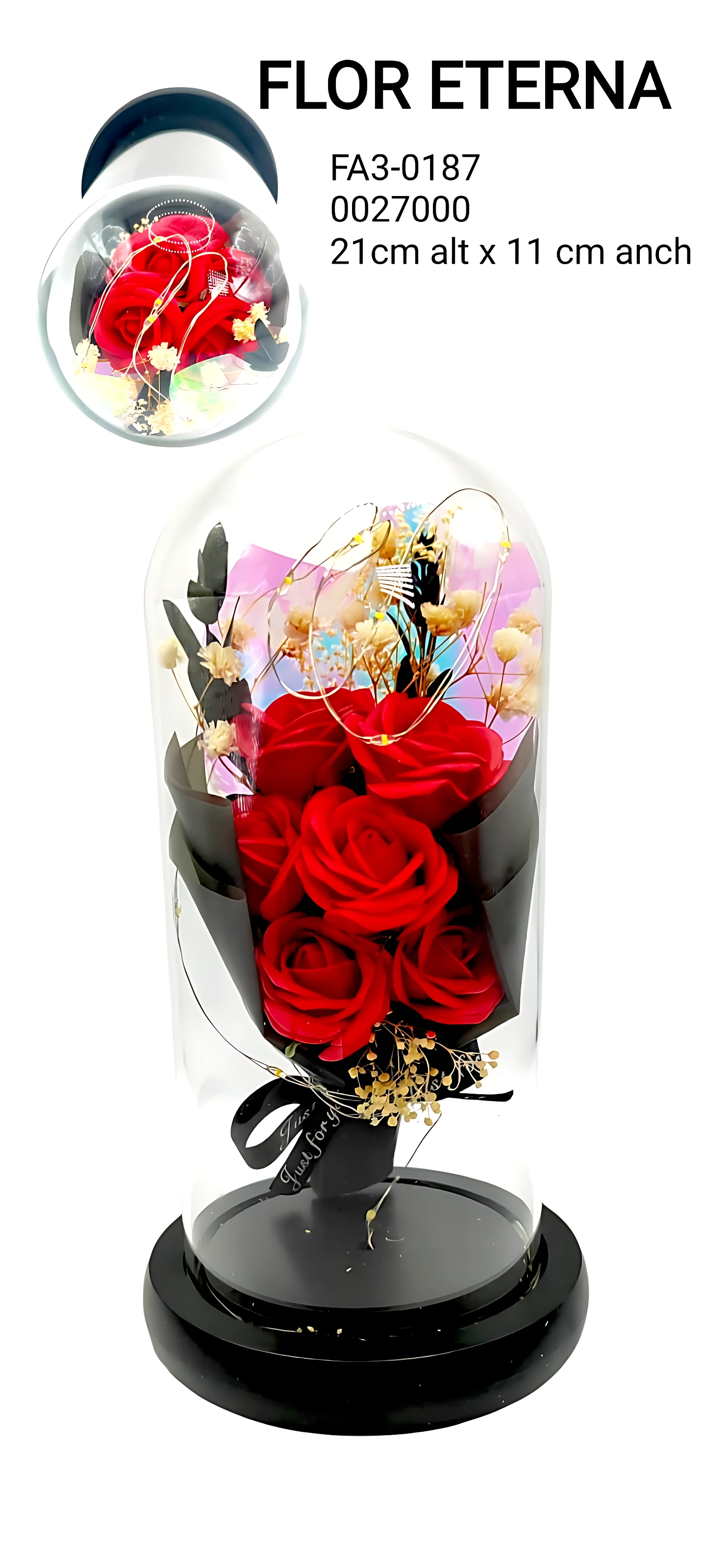 Domo de vidrio con arreglo floral de rosas rojas y flores blancas, sobre base negra. Medidas 21 cm de alto por 11 cm de ancho.