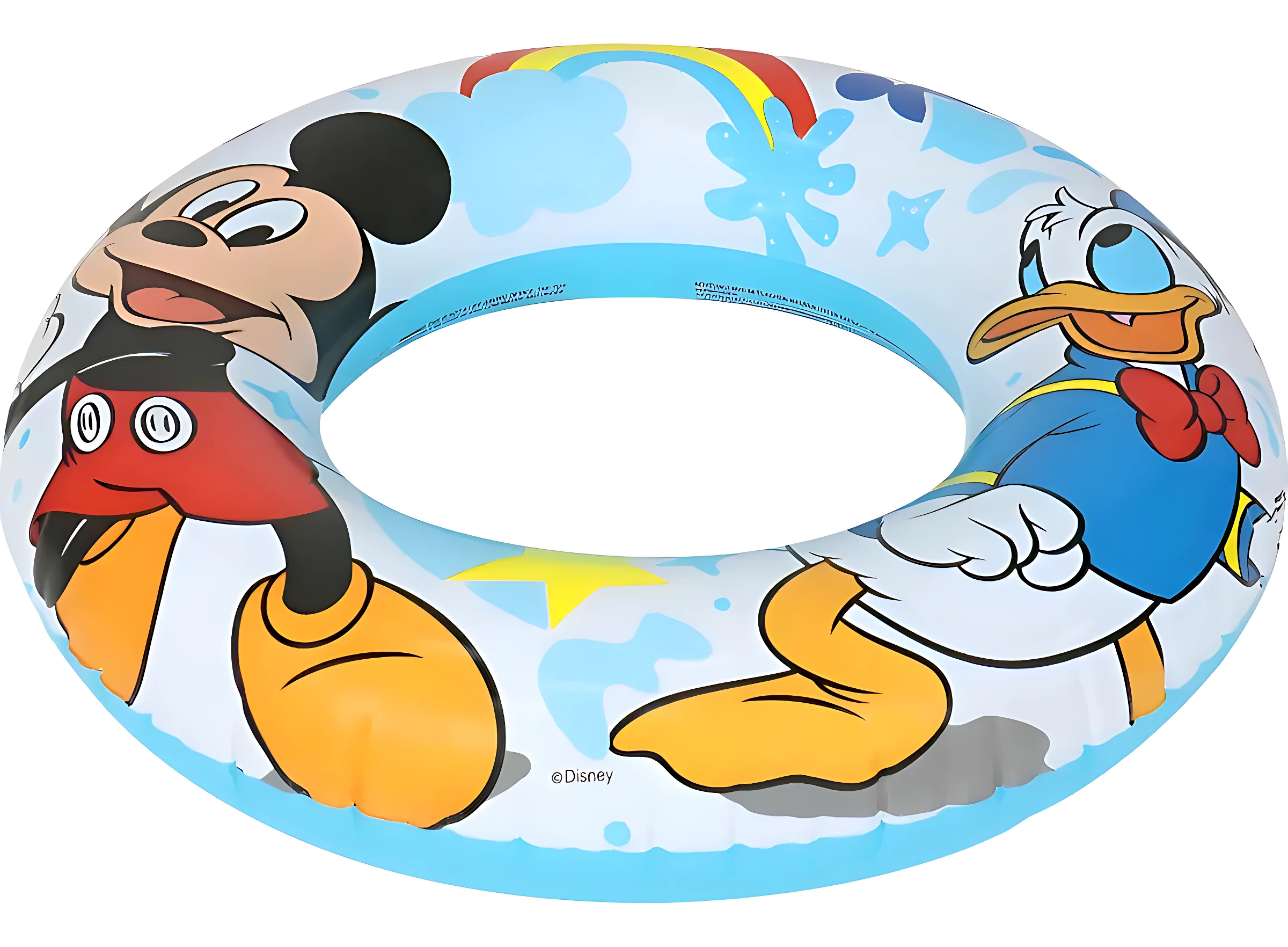Flotador de piscina redondo con Mickey Mouse y Donald Duck, diseño infantil en colores vivos sobre fondo azul claro con nubes y arcoíris.