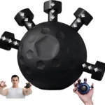 Fortalecedor antebrazo con resorte ajustable, esfera negra con seis palancas y flechas blancas indicando dirección de fuerza, acompañado de dos manos mostrando uso del dispositivo.