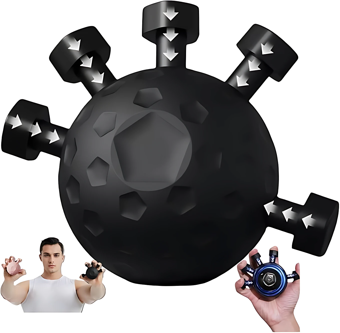 Fortalecedor antebrazo con resorte ajustable, esfera negra con seis palancas y flechas blancas indicando dirección de fuerza, acompañado de dos manos mostrando uso del dispositivo.