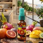 Bote de difusor de aroma Frutas Tropicales con etiqueta multicolor, rodeado de frutas frescas como dragon fruit, naranja, kiwi y mango, sobre una base de madera en interior moderno con vista al mar.