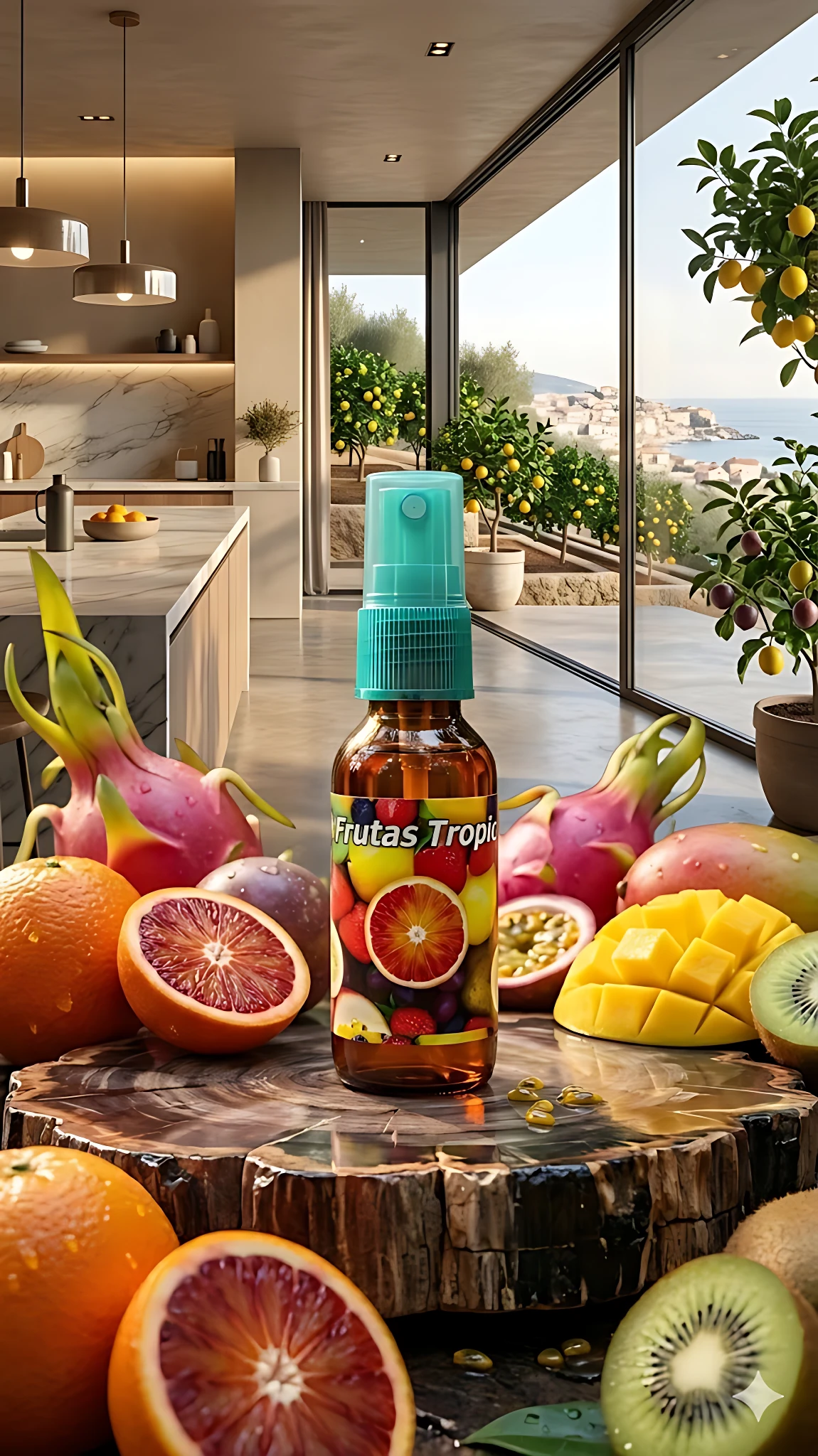 Bote de difusor de aroma Frutas Tropicales con etiqueta multicolor, rodeado de frutas frescas como dragon fruit, naranja, kiwi y mango, sobre una base de madera en interior moderno con vista al mar.