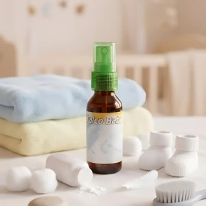 Set de dos sprays de talco para bebé en frasco de vidrio con tapa verde, acompañado de toallas dobladas, esponjas y cepillo sobre superficie clara.