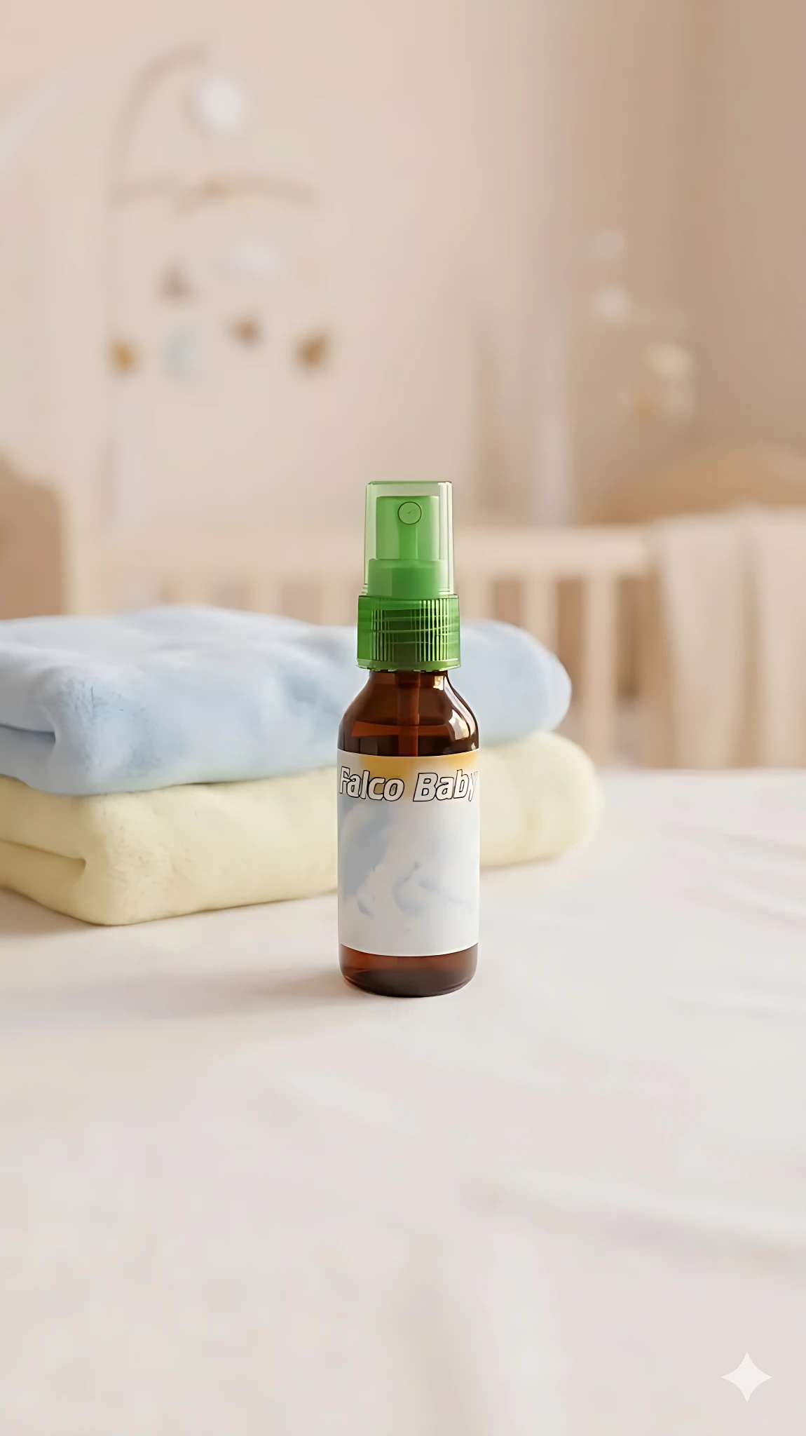 Botella de spray de talco para bebé con tapa verde, sobre toallas plegadas en tonos pastel, en ambiente de habitación infantil.