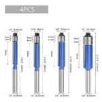 Set de cuatro fresas de enrasado en tungsteno con cuerpo azul y mango plateado, mostrando dimensiones detalladas en pulgadas y milímetros para cada modelo.
