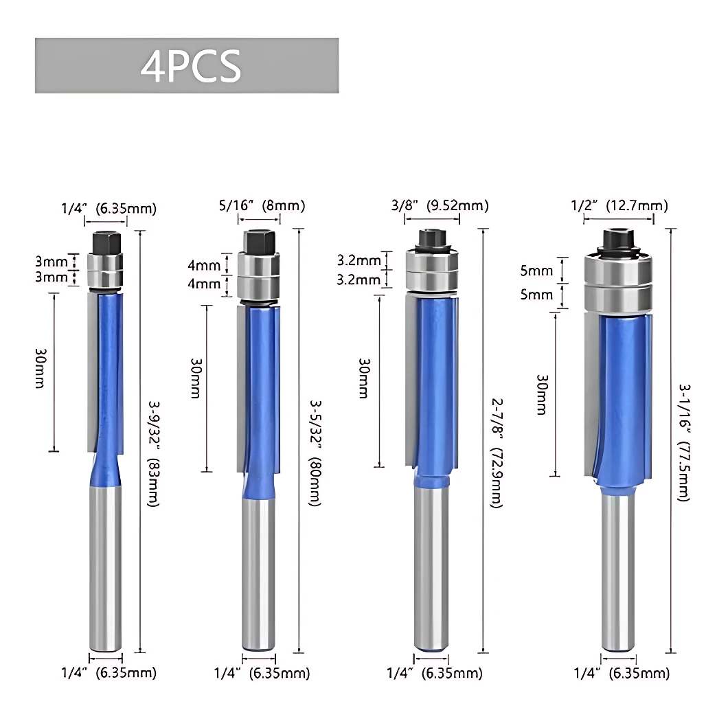 Set de cuatro fresas de enrasado en tungsteno con cuerpo azul y mango plateado, mostrando dimensiones detalladas en pulgadas y milímetros para cada modelo.