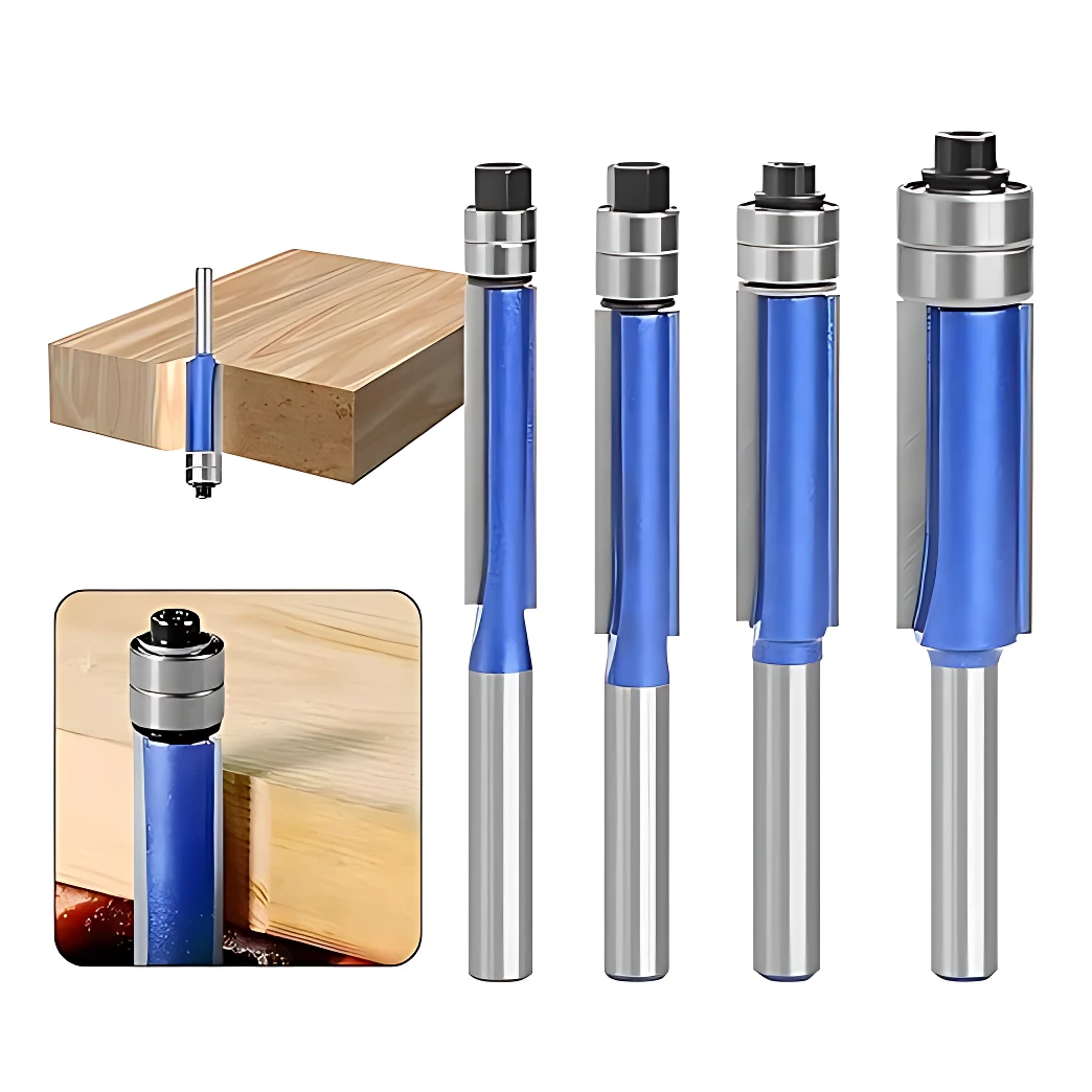 Set de cuatro fresas de enrasado en tungsteno con cuerpo azul y mango metálico, mostrando detalles de corte en madera y MDF.