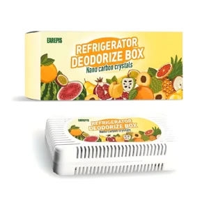 Desodorizante de nevera EAREPIS con carbón activado, caja amarilla con de frutas y dispositivo blanco con rejillas frontales.