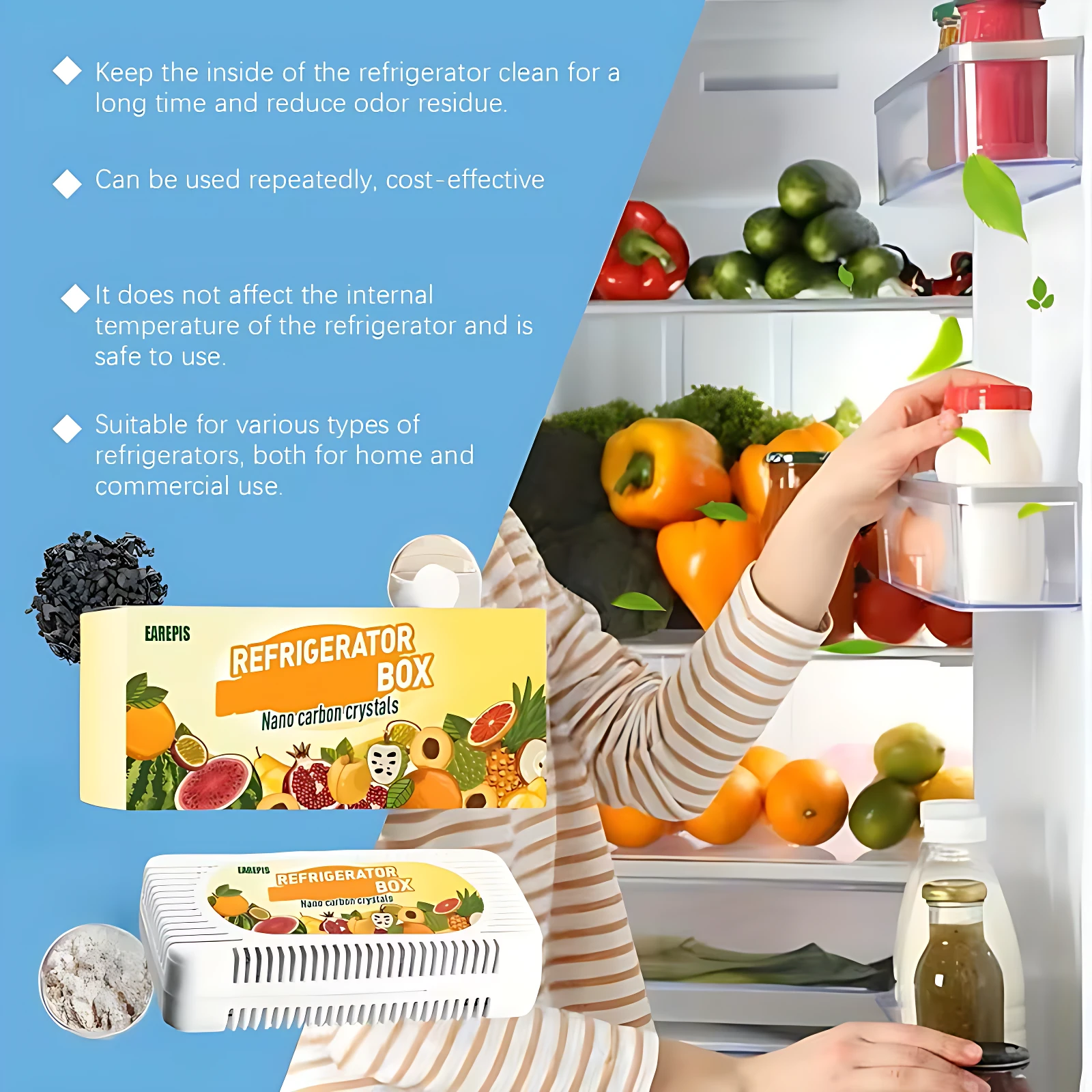 Desodorizante de nevera con carbón activado, caja amarilla con ilustraciones de frutas y verduras, junto a una persona colocando el producto en estante de refrigerador abierto con alimentos frescos.