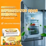 Desodorizante de nevera con carbón activado, caja amarilla con ilustraciones de frutas y verduras, junto a un refrigerador abierto mostrando alimentos frescos y hojas verdes flotantes.