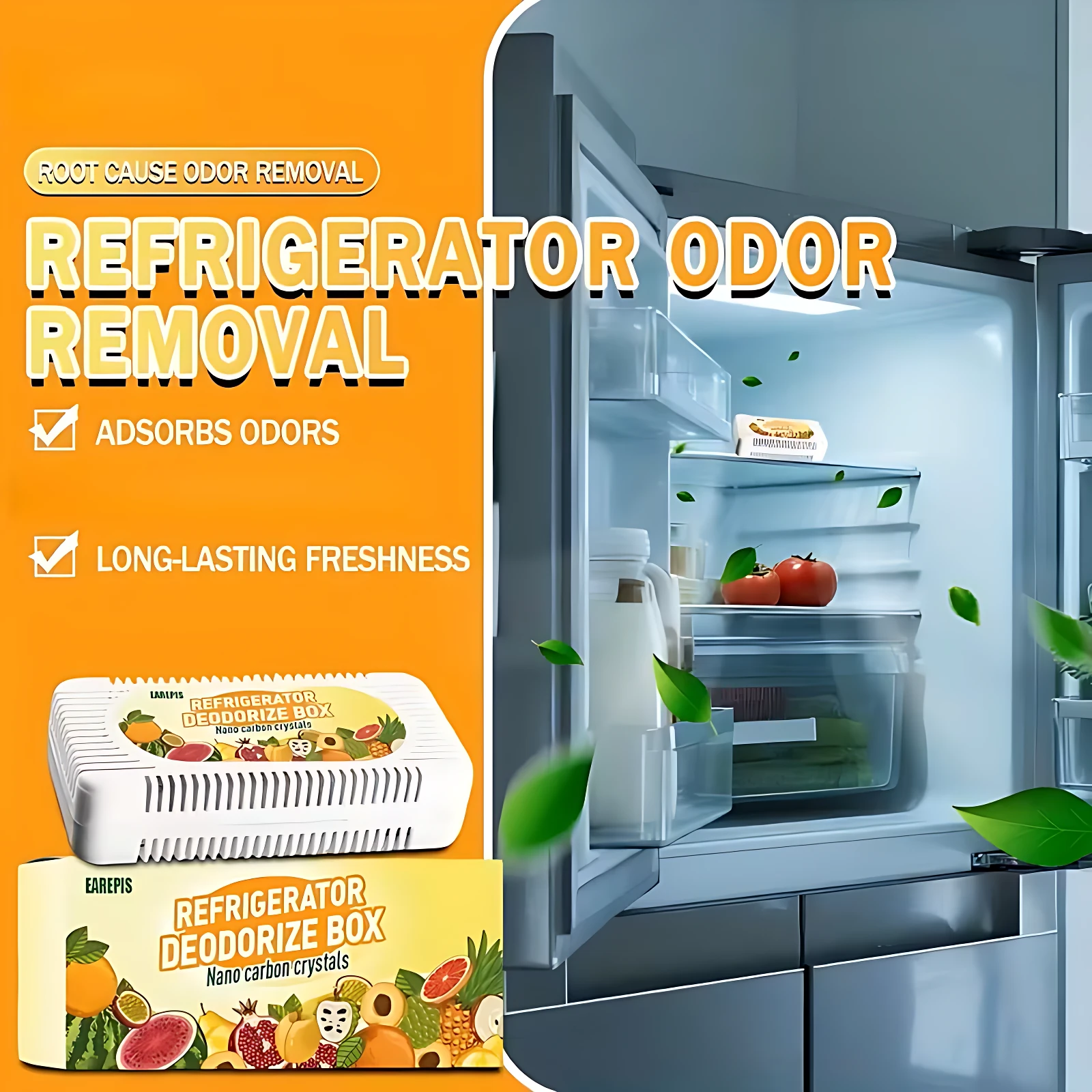 Desodorizante de nevera con carbón activado, caja amarilla con ilustraciones de frutas y verduras, junto a un refrigerador abierto mostrando alimentos frescos y hojas verdes flotantes.