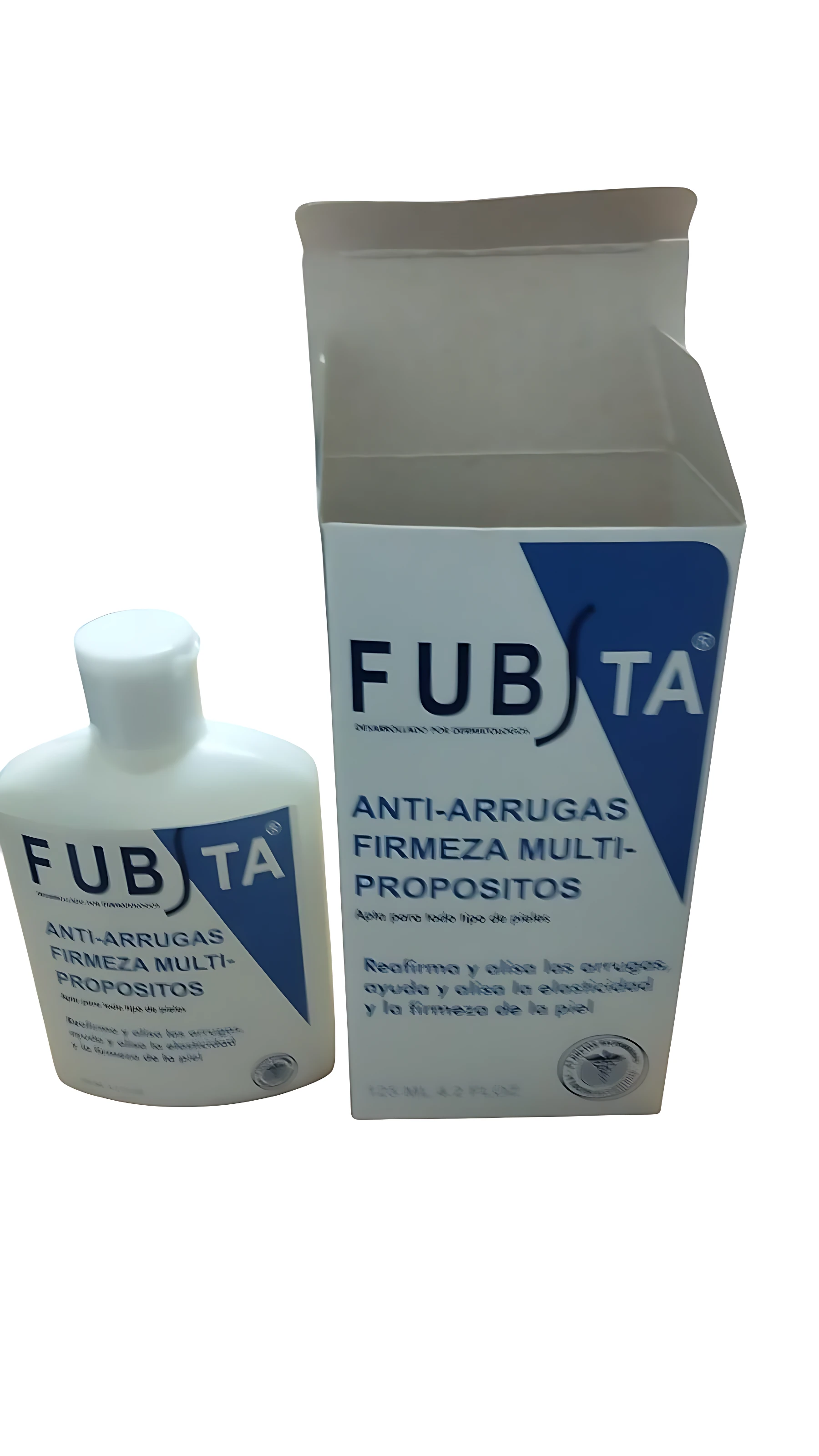 Set de dos unidades de crema Fubsta Anti-Arrugas, con envase blanco y caja azul y blanca, mostrando el nombre del producto y sus beneficios en la etiqueta frontal.
