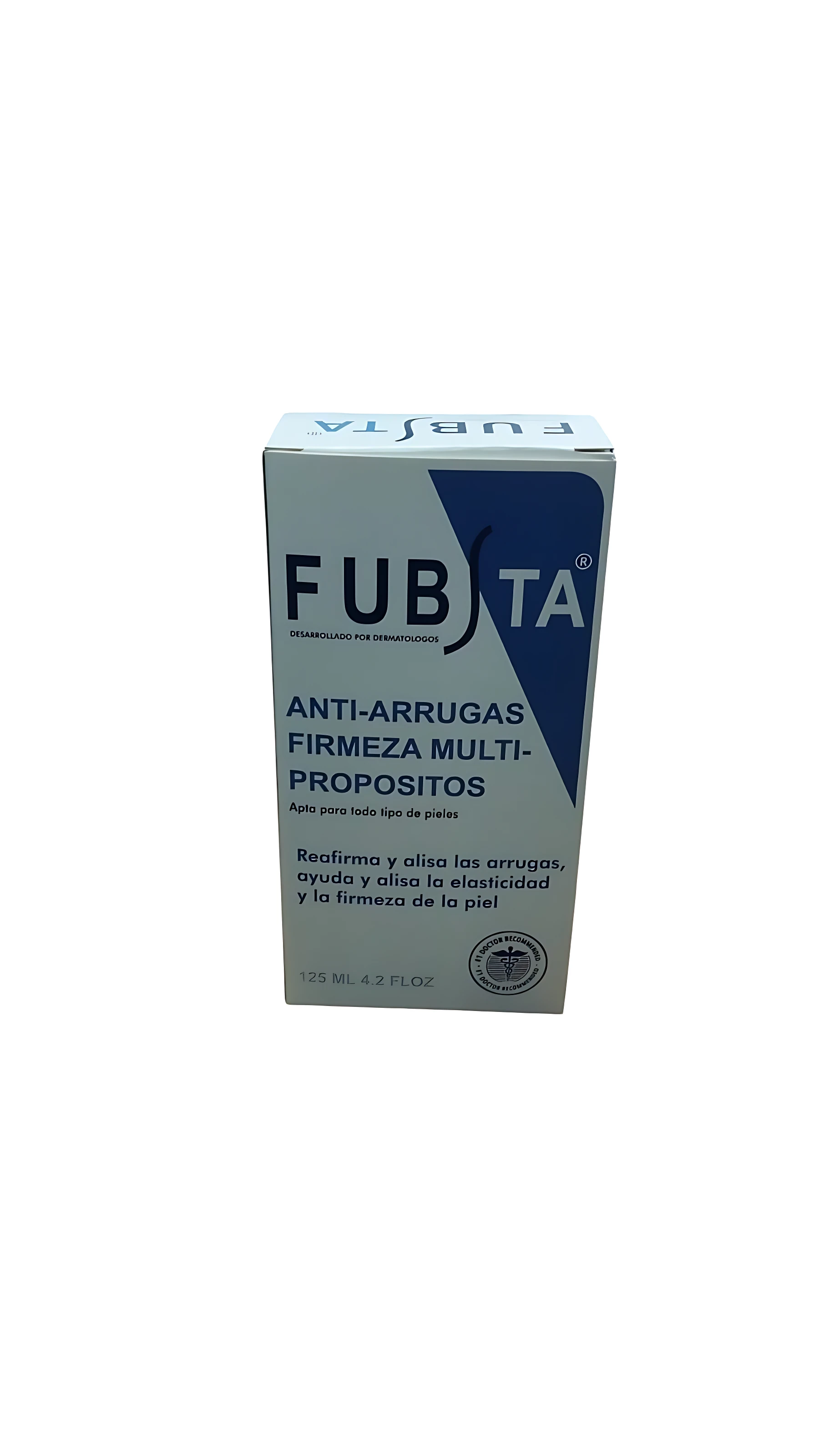 Caja de crema antiarrugas Fubsta, presentación azul y blanca, con texto visible que indica su función para firmeza y luminosidad del rostro.