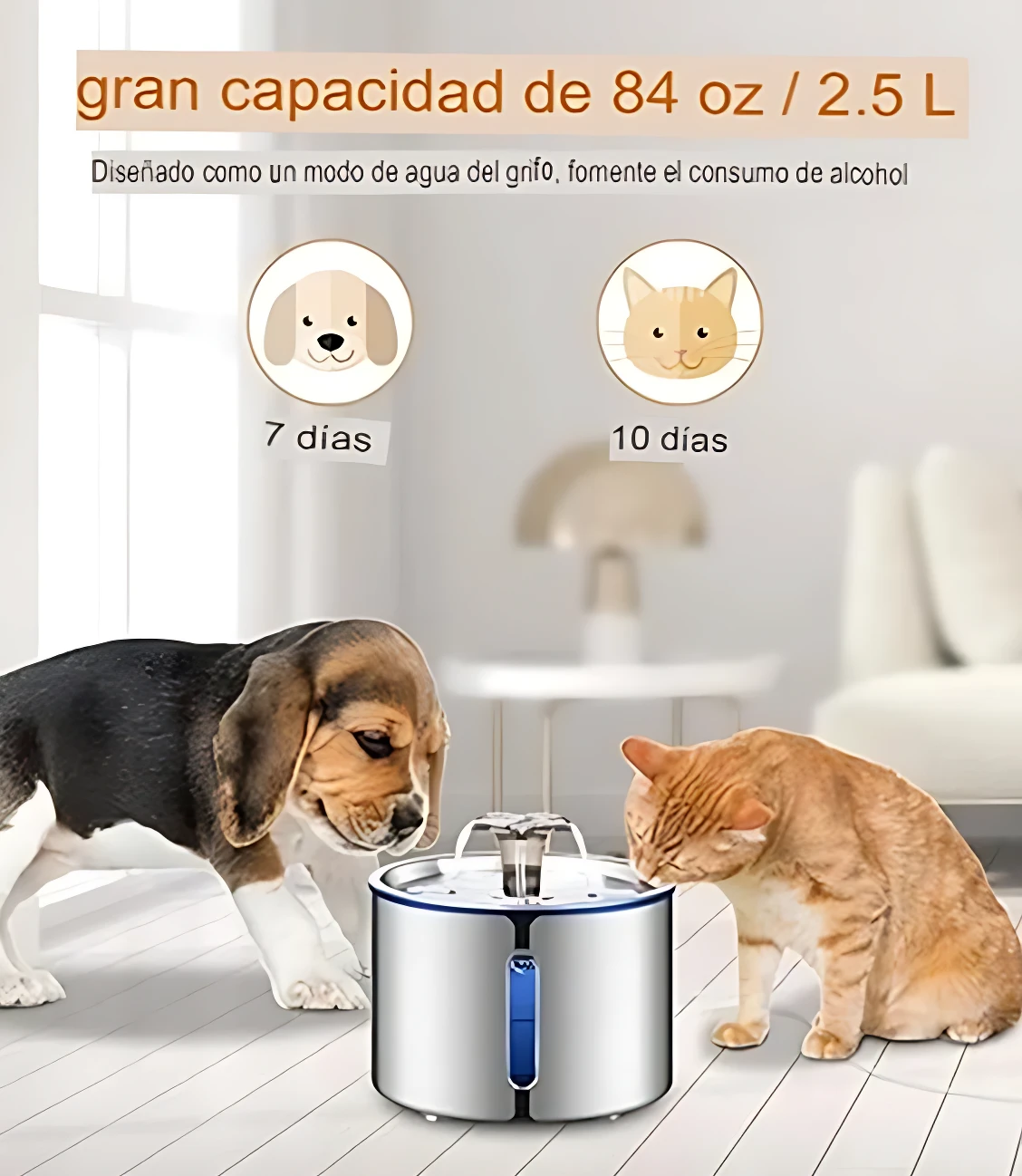 Fuente de agua automática para mascotas en acero inoxidable, con diseño cilíndrico y panel azul frontal. Un perro beagle y un gato naranja beben simultáneamente sobre piso blanco.