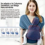 Mujer usando fular portabebés azul viscosa elástico ergonómico con bebé en cadera, mostrando ajuste a columna vertebral y distribución de peso. Incluye diagrama de etapas de crecimiento infantil.