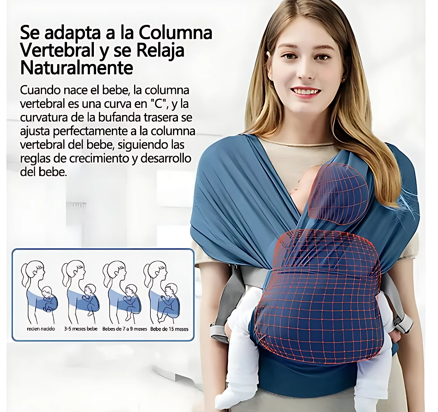 Mujer usando fular portabebés azul viscosa elástico ergonómico con bebé en cadera, mostrando ajuste a columna vertebral y distribución de peso. Incluye diagrama de etapas de crecimiento infantil.