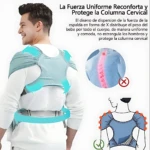 Vista trasera de fular portabebés en color azul claro con diseño ergonómico, mostrando distribución de peso en espalda y protección cervical. Incluye cinturón ajustable y detalles en tela elástica.