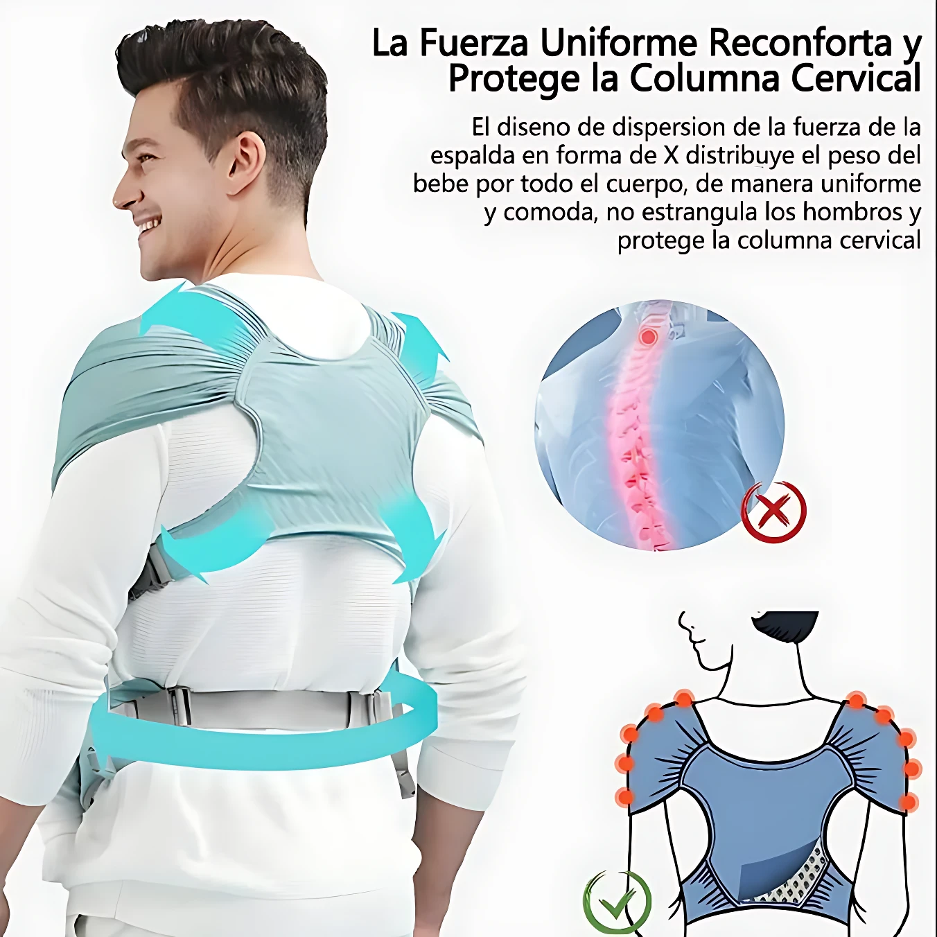 Vista trasera de fular portabebés en color azul claro con diseño ergonómico, mostrando distribución de peso en espalda y protección cervical. Incluye cinturón ajustable y detalles en tela elástica.