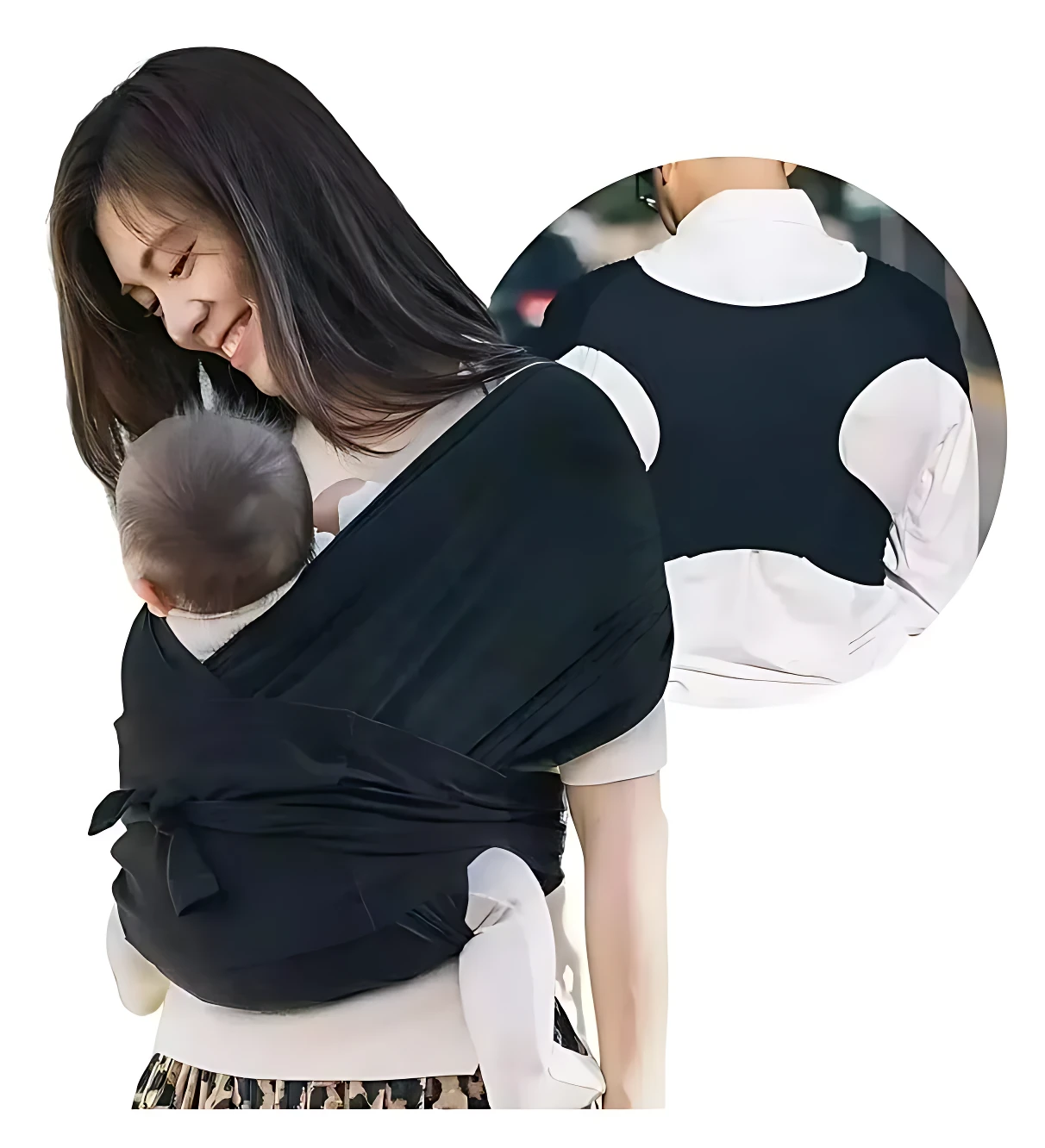 Mujer usando fular portabebés negro de viscosa elástica, con bebé en posición ergonómica; vista frontal y detalle posterior mostrando distribución de peso en espalda.