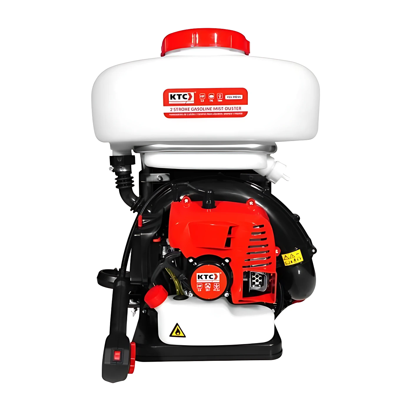 Fumigadora KTC 3HP de color blanco y rojo, con tanque superior y motor visible, diseñada para fumigar grandes extensiones de cultivo.