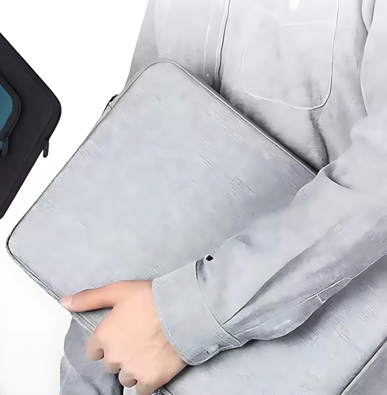 Funda para portátil 15.6 pulgadas en color gris claro con textura lino, siendo sostenida por una mano sobre el brazo de una persona.