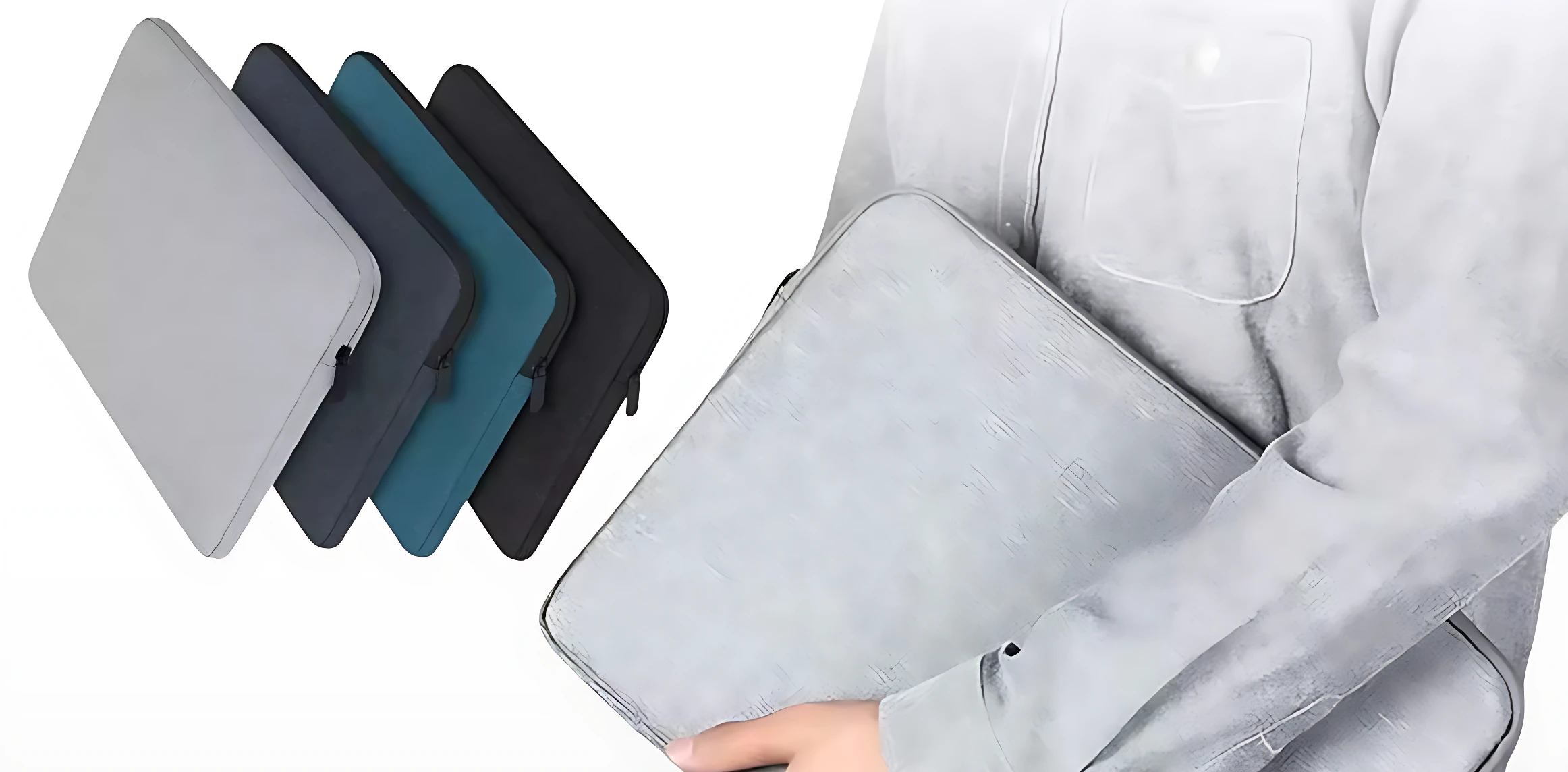 Funda para portátil de 15.6 pulgadas en color gris claro, con textura lino, mostrada siendo sostenida por una persona y en vista frontal con otras variantes de color en el fondo.