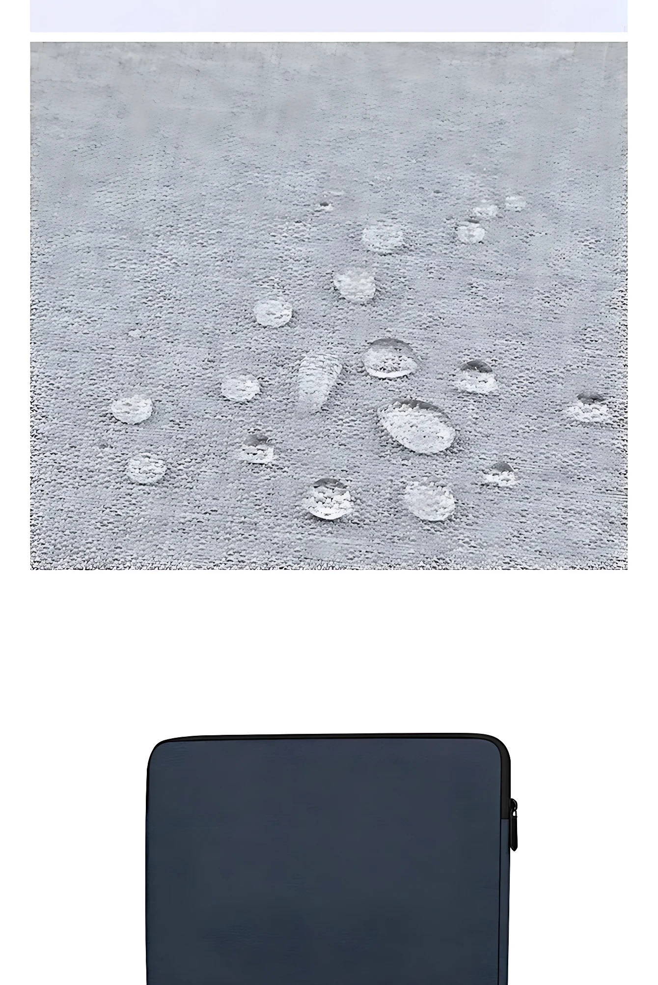 Funda para portátil 15.6 pulgadas en color gris oscuro con textura lino, mostrando gotas de agua sobre la superficie para resaltar su resistencia al agua.
