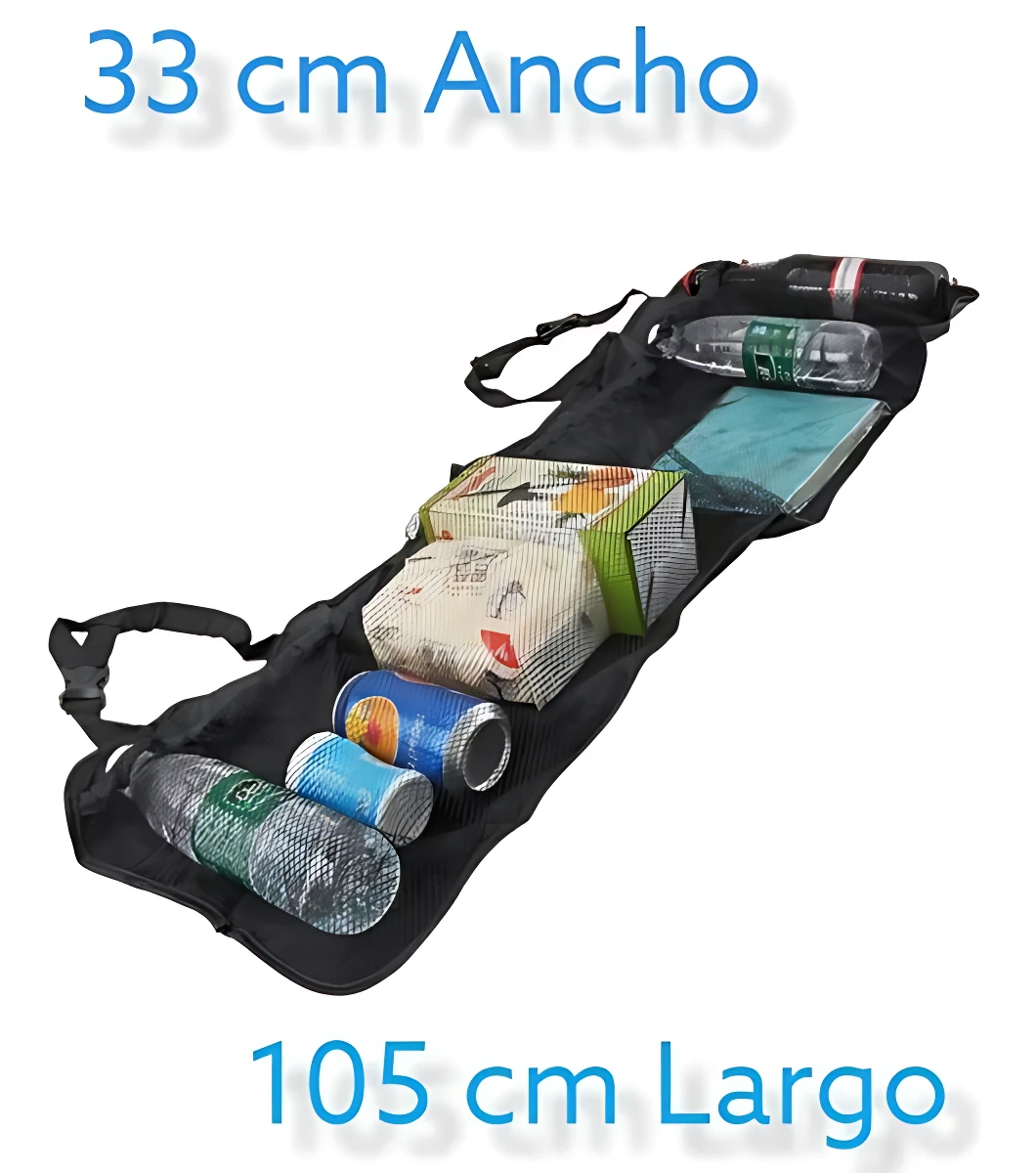 Organizador negro para baúl de camioneta con múltiples compartimentos, mostrando botellas, latas y cajas; mide 105 cm de largo y 33 cm de ancho.
