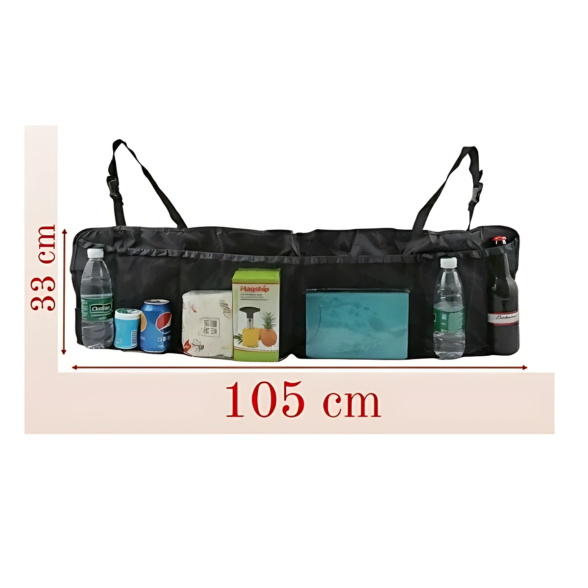 Organizador negro para baúl de camioneta con compartimentos, mide 105 cm de largo por 33 cm de alto, incluye botellas, latas y cajas.