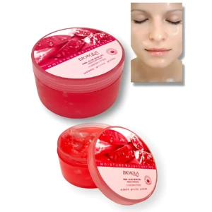 Set de dos frascos de gel aloe vera rosado Bioaqua, uno cerrado y otro abierto mostrando textura gelatinosa, con inserto de rostro hidratado.