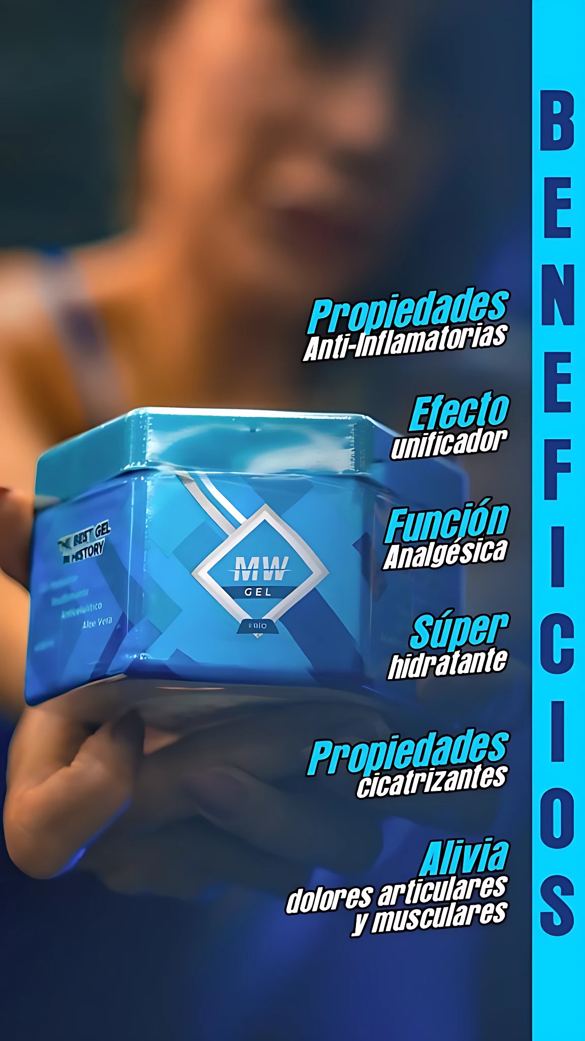 Jarrón de gel frío MW en presentación azul con diseño geométrico, enfocado en alivio muscular y antiinflamación, acompañado de texto que destaca sus beneficios terapéuticos.