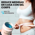 Mujer midiendo cintura con cinta métrica, mostrando abdomen tonificado; junto a ella, un frasco de gel moldeador corporal Corps Lignea con efecto crioterapia y mentol, contenido azul visible en el envase abierto.