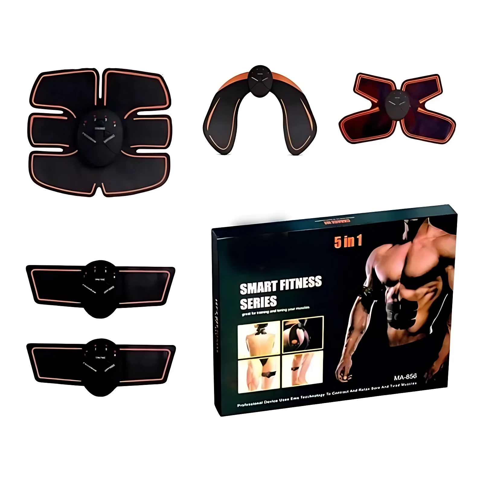 Pack de cinco entrenadores musculares EMS inalámbricos en negro con detalles naranjas, mostrando diferentes formas y el empaque con modelo masculino.