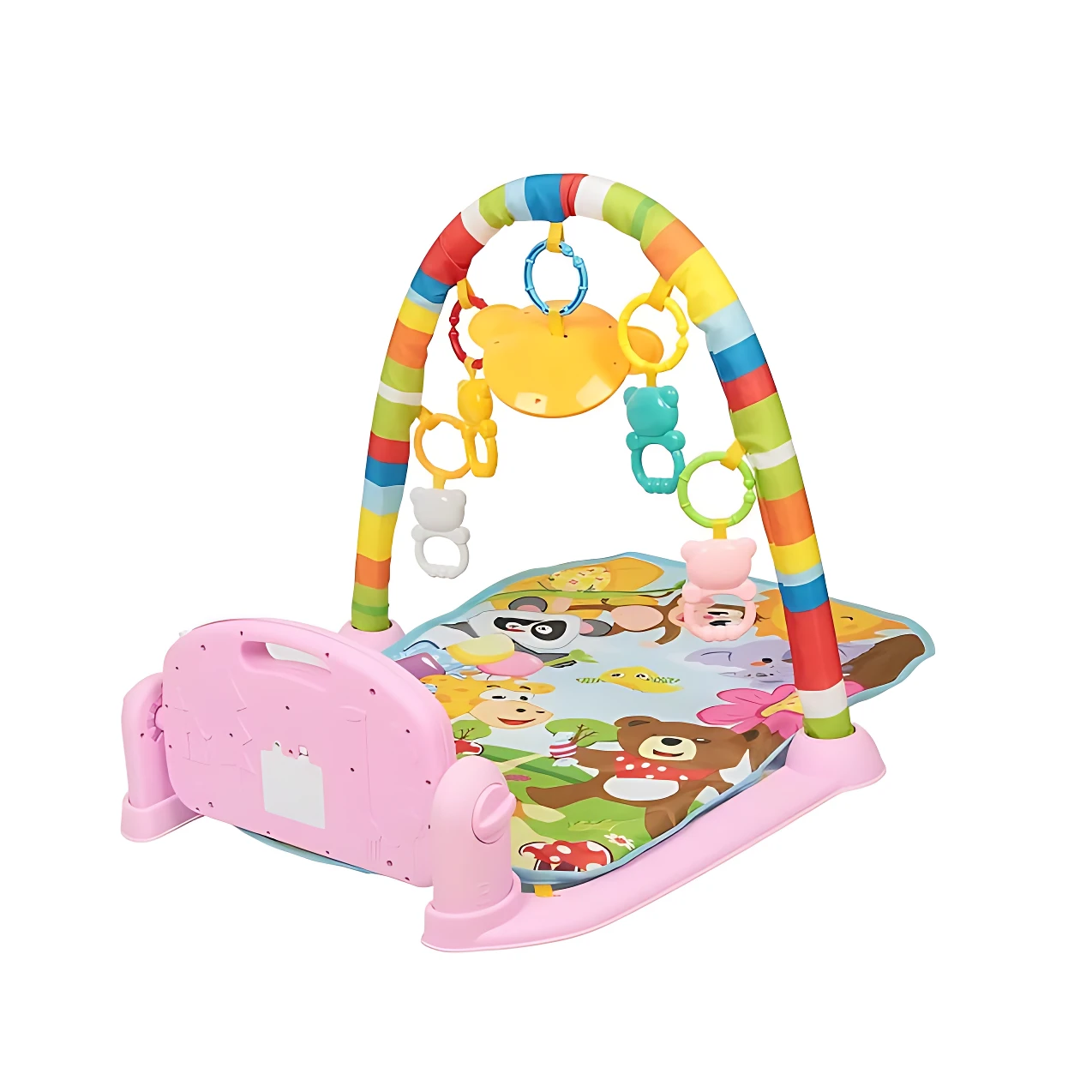 Gimnasio para bebé con arco multicolor, base rosa y piano musical extraíble; incluye juguetes colgantes y alfombra con animales.