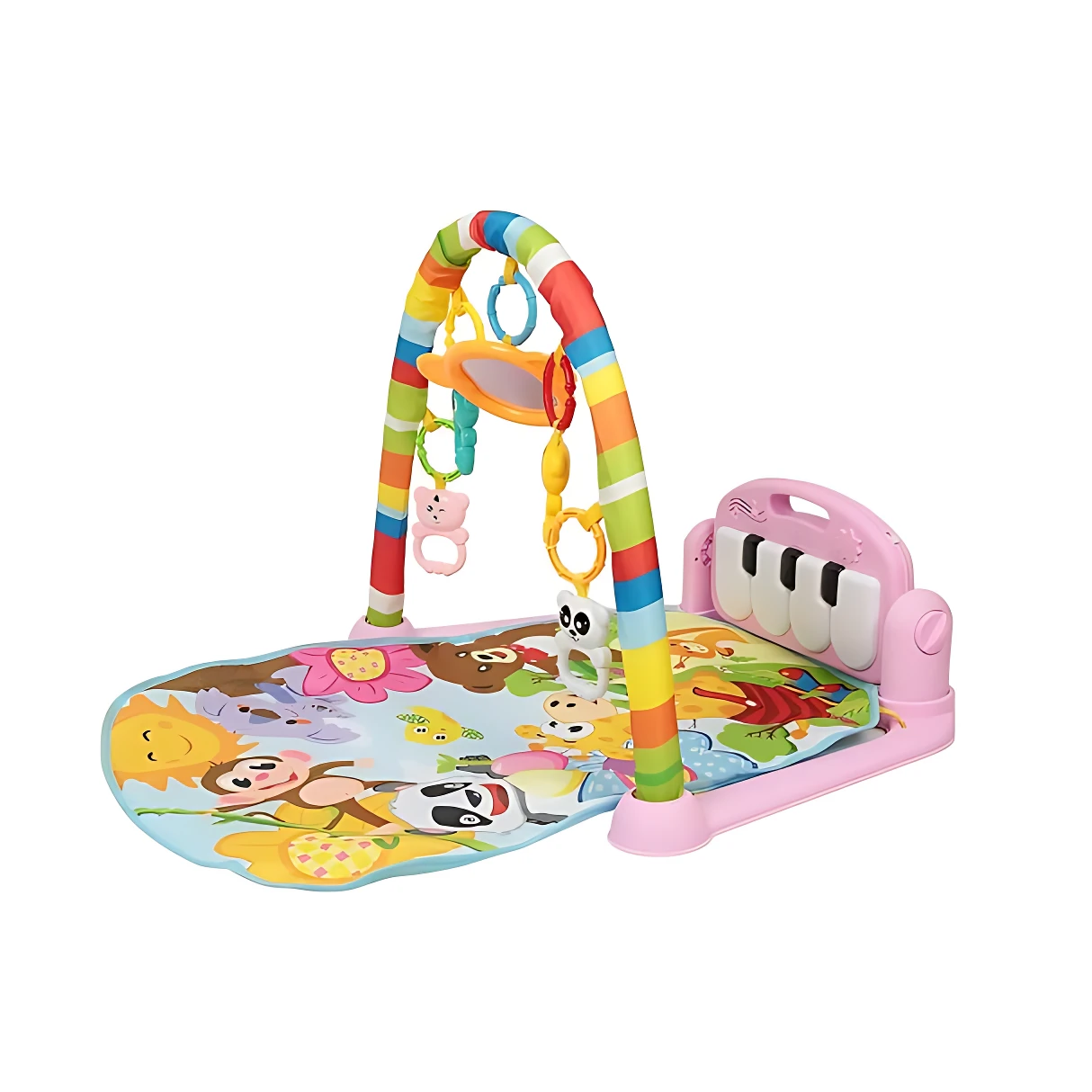 Gimnasio para bebé con arco de colores, teclas de piano en base rosa y colgantes suaves sobre estera ilustrada con animales.