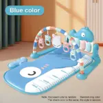 Gimnasio tipo piano para bebé en color azul, con arco musical, anillos suaves y base con medidor de crecimiento. Incluye teclas de colores y elementos colgantes para estimulación temprana.