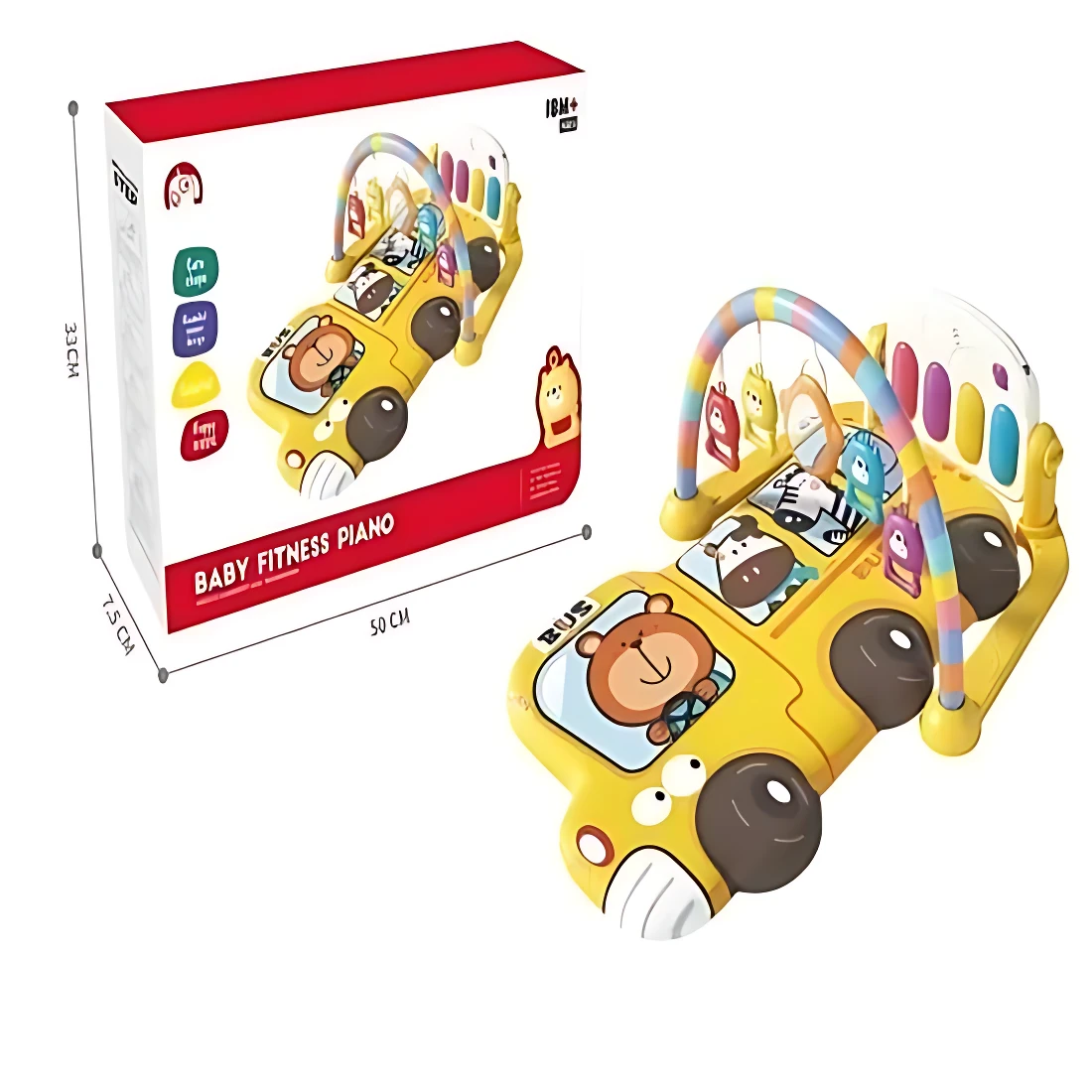 Gimnasio tipo piano para bebé en forma de auto amarillo con arco musical, luces y teclas de colores. Incluye caja con medidas 50 cm de largo.