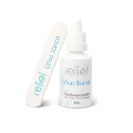 Bote blanco de 20 ml con gotas para uñas con hongos y lija blanca con mango, ambos con texto en azul y gris sobre fondo blanco.