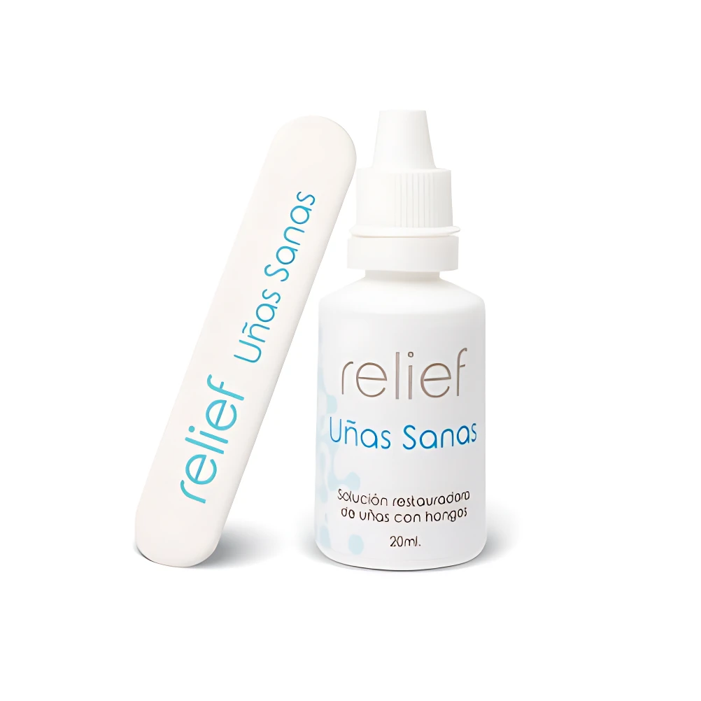 Bote blanco de 20 ml con gotas para uñas con hongos y lija blanca con mango, ambos con texto en azul y gris sobre fondo blanco.