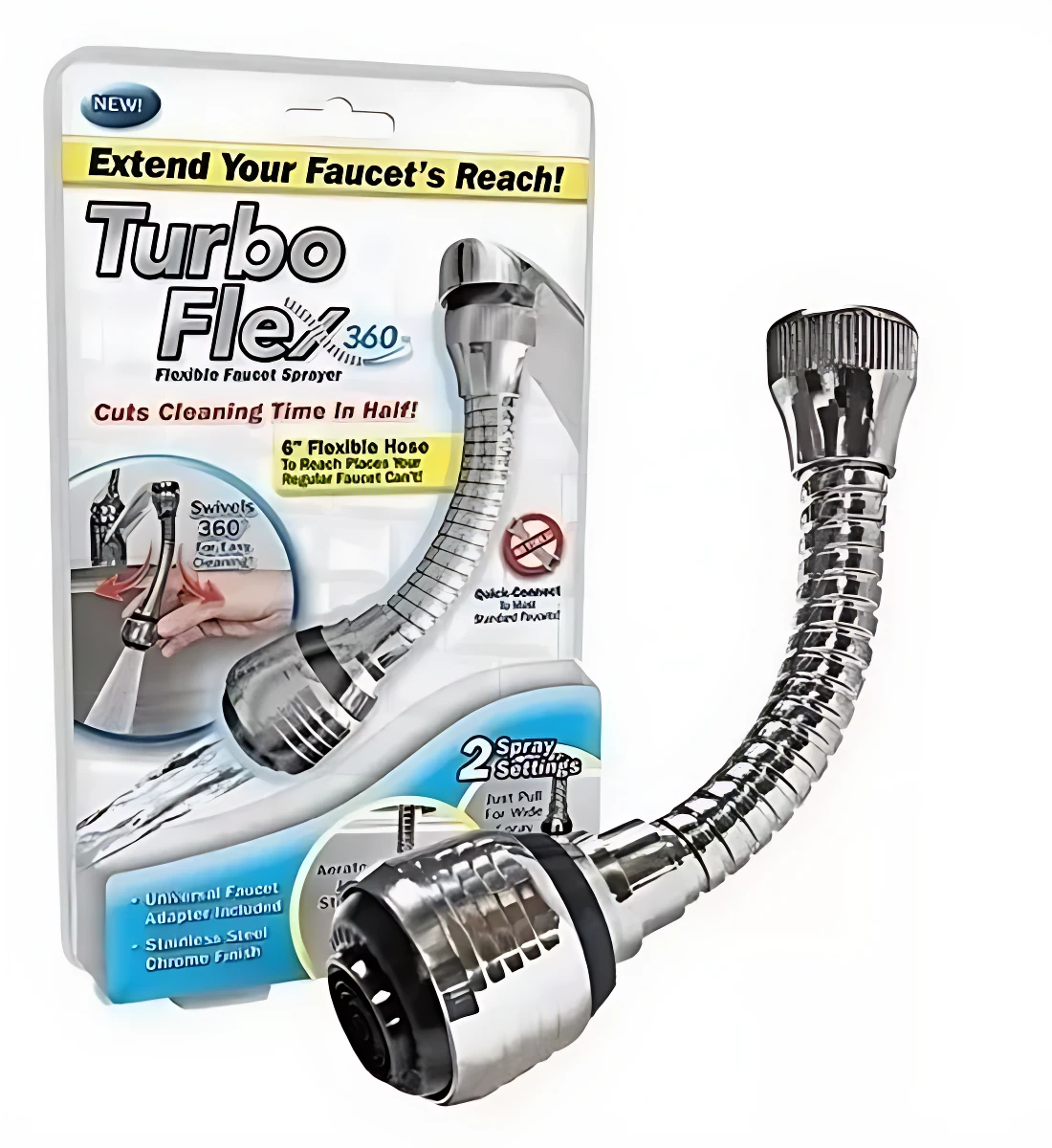 Grifo Turbo Flex 360 con manguera articulada de 6 pulgadas, acabado cromado, incluye adaptador universal y boquilla giratoria para limpieza de rincones.