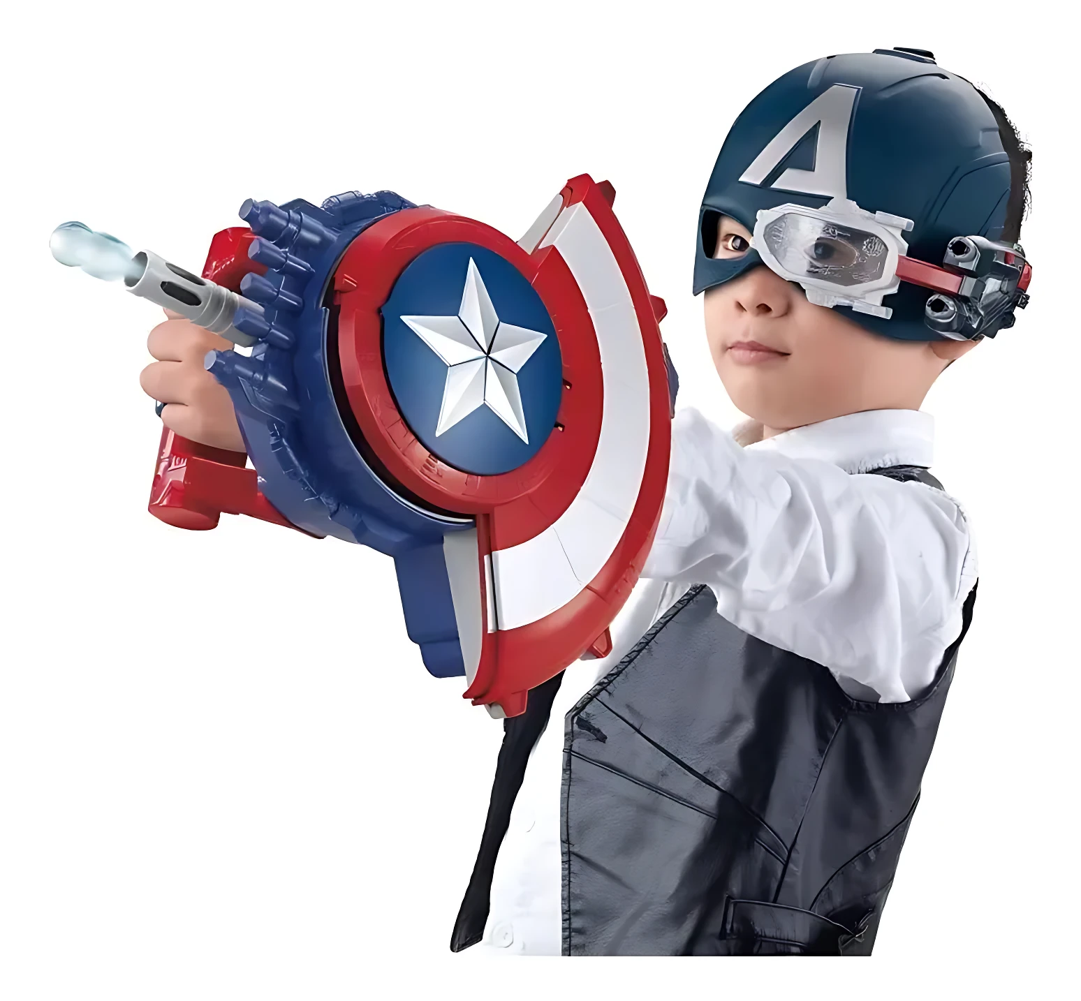 Niño con traje de Capitán América usando guante lanzador de bolitas de hidrogel, accionado por batería recargable, en posición de disparo lateral.