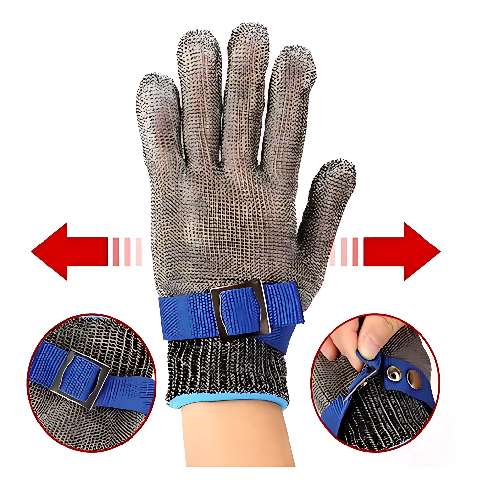 Guante de seguridad en malla de acero inoxidable con hebilla azul ajustable, mostrando protección para dedos y muñeca.