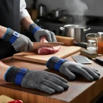 Guantes de malla de acero inoxidable con hebilla azul, usados para cortar carne en tablero de madera; par adicional descansa sobre superficie.