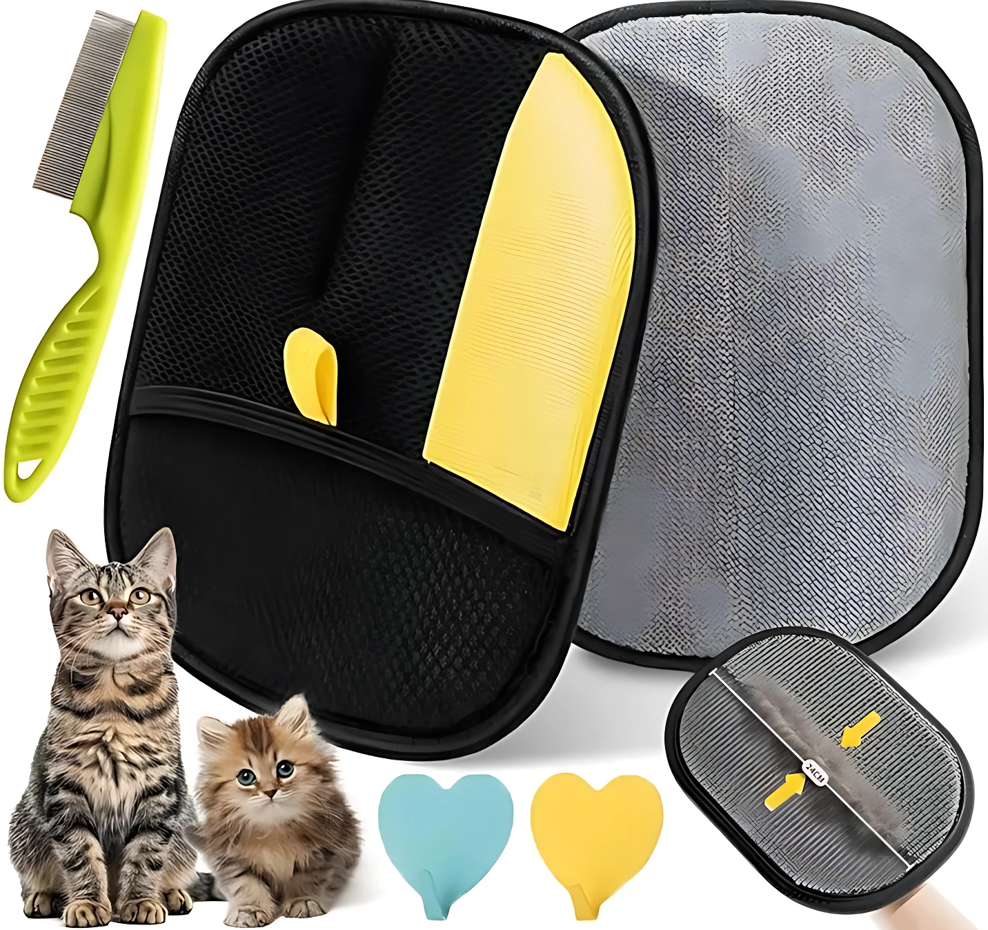 Guante removedor de pelo para mascotas con cepillo integrado, estuche negro con compartimento amarillo y dos ganchos adhesivos en azul y amarillo. Incluye cepillo verde y muestra gatos junto al producto.