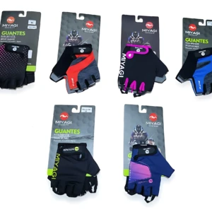 Seis pares de guantes de ciclismo Miaygi en empaque individual, mostrando variantes de colores negro con detalles rojos, rosas, azules y morados, diseñados para ventilación y agarre seguro.