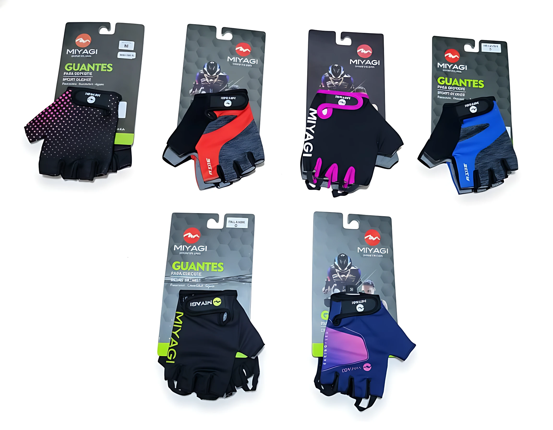 Seis pares de guantes de ciclismo Miaygi en empaque individual, mostrando variantes de colores negro con detalles rojos, rosas, azules y morados, diseñados para ventilación y agarre seguro.