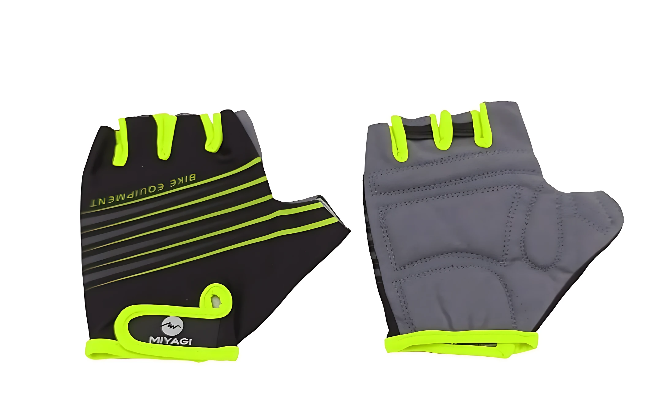 Guantes de ciclismo Miaygi sin dedos, en negro y verde neón, con refuerzo en palma y ventilación en dedos.